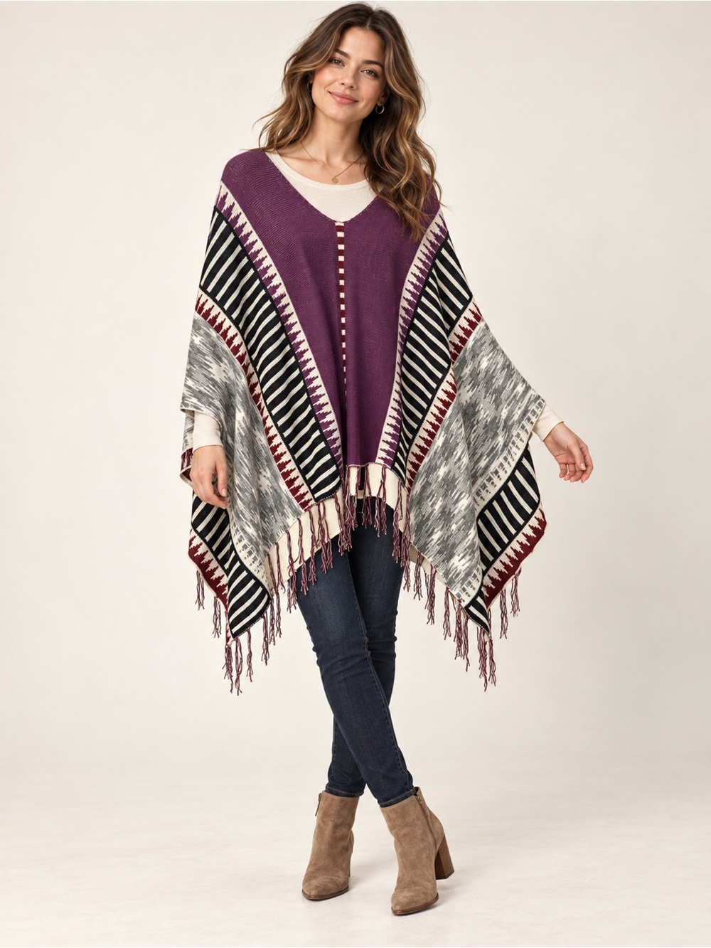 MINKPINK Multicolor Geometric Knit Fringe Poncho Cape One Size
